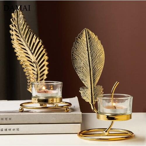 Feather Golden Candle Holders European Decor Candelabra Ornaments Center Table Living Room Wedding Centerpiece Candles Holder