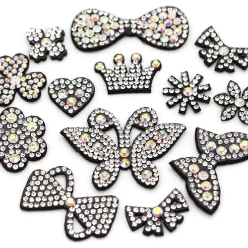 10Pcs AB Rhinestone Padded Appliques Flower/Heart/Bows Sew On Patches For Clothes Wedding Dresses Non-woven Patches With Pearl