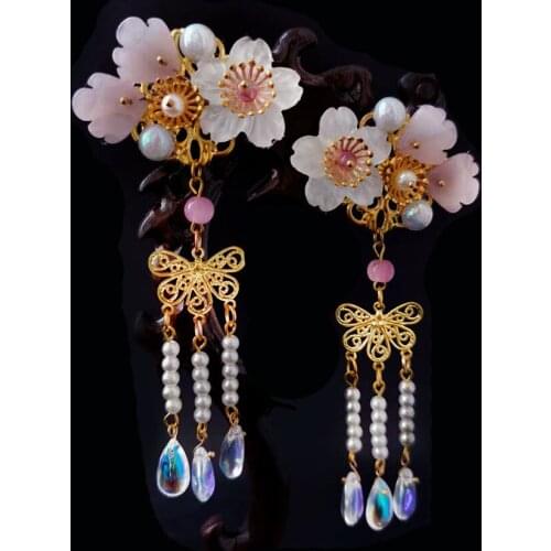 2 pcs vintage new Year red pink flower Long tassel pearl Girl classical Hair Jewelry Flower Hiar clips Accessories