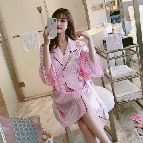 2020 Summer Short Sleeve Silk Satin Sexy Lingerie Kimono Robes for Women Casual Striped Sleepwear Bathrobes Homewear Night Dress