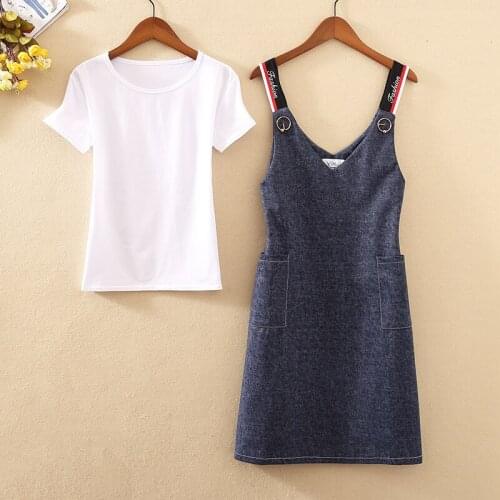2021 Summer New Two Pieces Set Women White T Shirt Tops +Knee Length Strap Letter Print Denim Dress Sets French Vacation Holiday