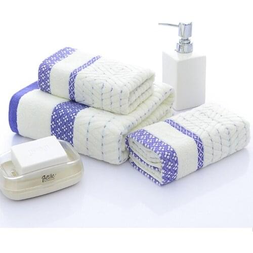 3-Pieces Geometric Plaid Pattern Cotton Towel Set Bathroom Super Absorbent Bath Towel Face Towels 70x140cm / 34x70cm