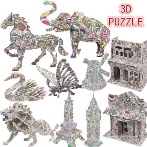 3D Coloring Jigsaw DIY Hand Graffiti Puzzles Set Animal Building Plane Model Adults Kids Christmas Gifts Educational Games Toys