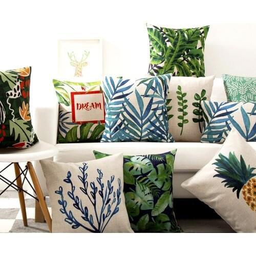 Watercolor Green Leaf Tropical Palm Banan Pillow Cushion Cover Home Decorative Pillow Case Thick Linen Pillowcase Sofa Cushion