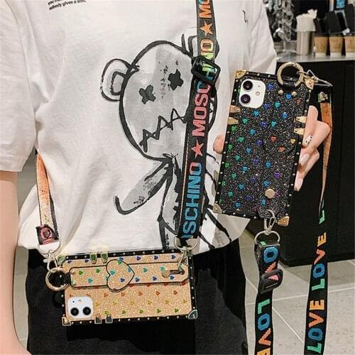 Crossbody phone case for iphone 11 12 pro X XR Xs max 6s 7 8 plus Bling love heart shell holder stand back cover with long strap