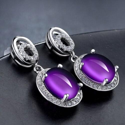 DOYUBO Luxury Womens Purple Oval Crystal Earrings High Quality Genuine 925 Sterling Silver CZ Stud Earrings Jewelry VC086