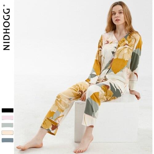 Elegant High-end Satin Ink Printing Pajamas Long Sleeve V-Neck Loungewear Women Sleepwear Spring Trousers Two Piece Home Clothes