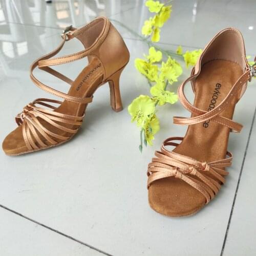 Evkoodance Tan Color 8.3cm High Heel Latin Dance Shoes For Ladies 2017 New Style With Comfortable Satin Material Evkoo-020