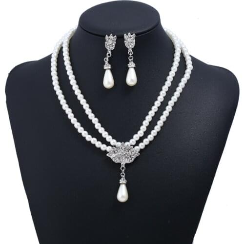 European And American Jewelry Bride Pearl Crystal With Short Collarbone Neck Necklace Set Earrings Korean Version Temperament