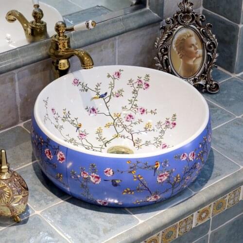 Europe Vintage Style Hand Painting Art Porcelain Countertop Handmade Bathroom Vessel Sinks Vanities sanitary ceramic wash basin