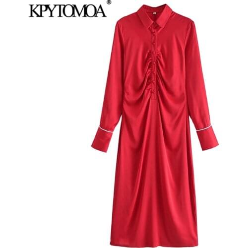 KPYTOMOA Women 2021 Chic Fashion Soft Touch Pleated Midi Dress Vintage Long Sleeve Side Zipper Female Dresses Vestidos Mujer