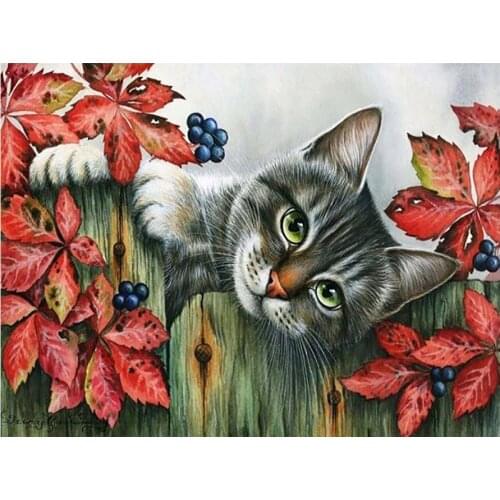 Round Full Drill Diamond Painting Autumn Fence Leaves Cat Animal Nouveaute DIY Needlework Mosaic Embroidery 5D Cross Stitch