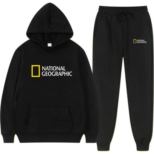 National Geographic Hoodie Solid Color Sweatshirt Two-piece Mens/Womens Sportswear Gym Hoodie + Sweatpants Jogging Sweatshirt