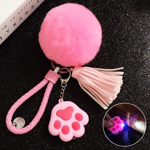 Korean version fashion Rex rabbit hair ball plush tassel key chain female cartoon glowing sound cat claw leather rope pendant