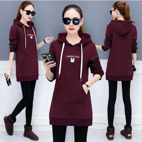 2019 Autumn and winter new large womens mid length Hooded thickened Plush loose coat Hoodies Sweatshirts kpop harajuku clothes