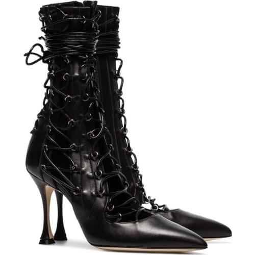 New Pointed Toe Cross Tied Sandal Women Black Leather Zip High Heels Shoes Women Spring Summer Ladies Shoes Sandalias Taco Chino