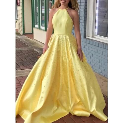 Charming A-Line Halter Pearls Daffodil Prom Dresses 2020 Long New Elegant Formal Evening Dress Cheap vestidos de noiva