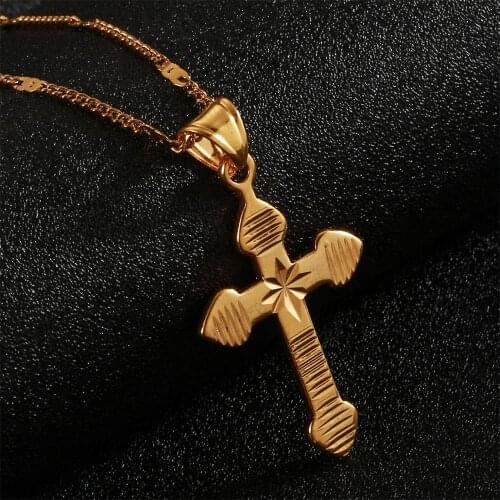 24K Gold Color Cross Pendant Necklace Classical Catholic Church Jesus Jewelry