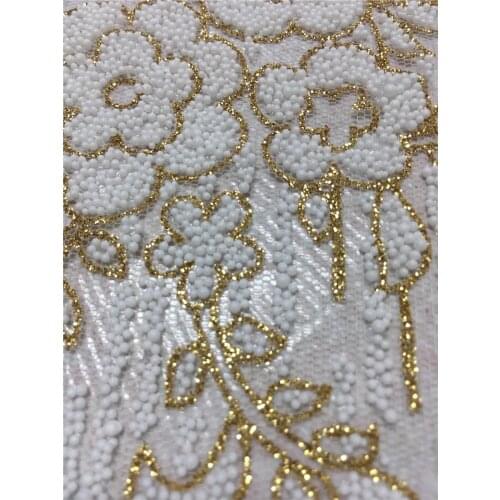 Glued glitter white beads French Lace Fabric High quality African Laces Fabric With beads Embroidery For party wedding Dress