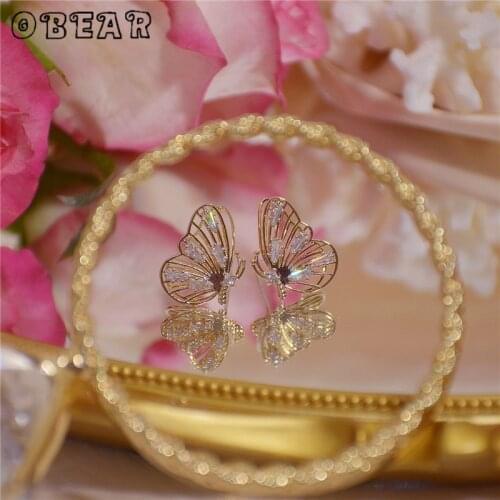 OBEAR 14k Real Gold Butterfly Wings Stereoscopic Shape Shiny Zircon Stud Earrings for Women Exquisite Jewelry Gift New