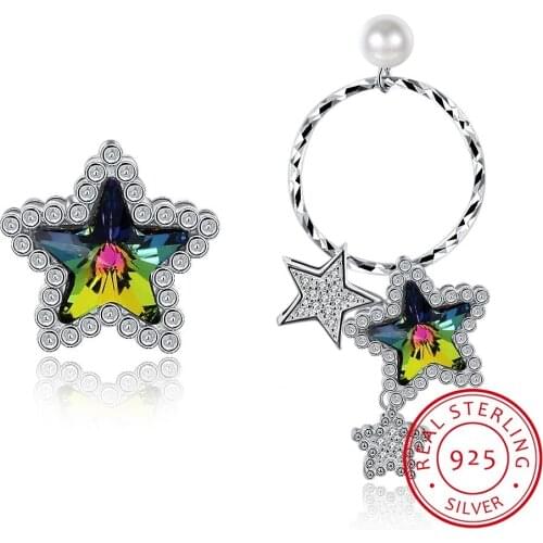 LEKANI Trendy Asymmetric Star Drop Earrings For Women Fine Jewelry Crystals Real 925 Silver Hanging Piercing