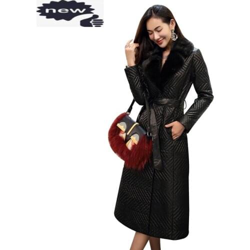 New Womens Genuine Leather Winter Real Mink Fur Collar Female Natural Sheepskin Coat With Belt Luxury Good Quality