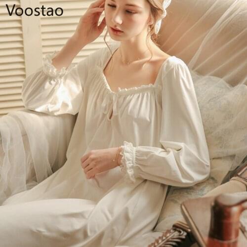 Spring Autumn Sweet Princess Dress Pajamas French Women Elegant Lace Cotton Nightdress Retro Female Chic Long Sleeve Nightgowns