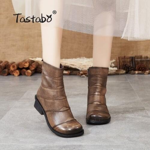 Tastabo Genuine Leather ladies ankle boots Khaki Black S88208 Low heel daily Womens boots Retro Style Comfortable soft bottom