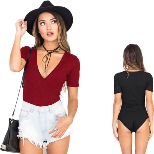 Short sleeve sexy stretch tight bodysuits soft and comfortable V-neck slim women jumpsuit 2019 new arrival summer jumpsuit women