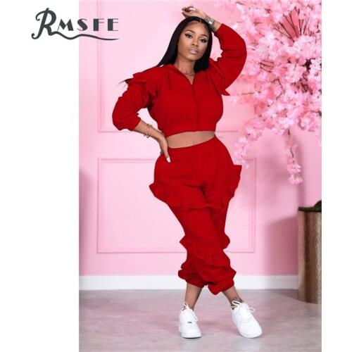 RMSFE 2021 European And American Womens Long Sleeve Hooded Zipper Solid Color Ruffle Two Piece Set