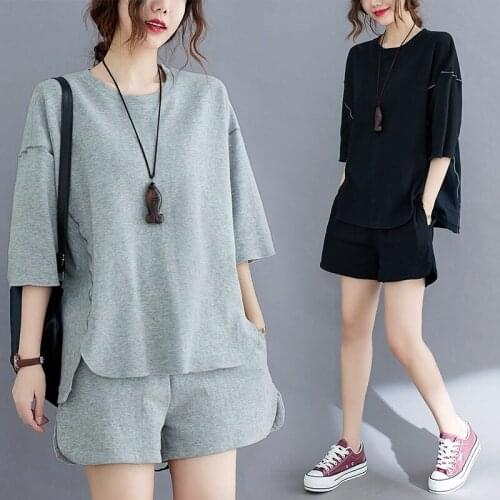 Large Size Casual T Shirt Suit Female 2021 Summer New Korean Loose Fashion Short Sleeve T-shirt And Short Pants Two-piece aq723