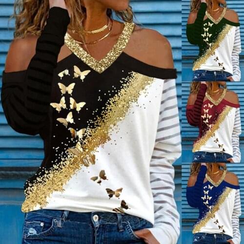 Golden Sequins Patchwork Sexy Off Shoulder Tops Women Autumn Halter V-neck Long Sleeve Butterfly Print Pullover Plus Size