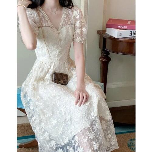 French Fashion Women Short Sleeve V-neck Elegant Temperament Lace Floral Embroidery White Dress Casual Summer Slim Vestidos