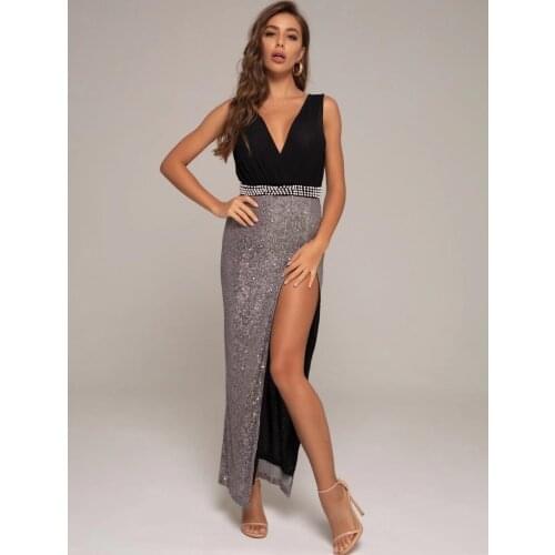 Women Autumn Fashion Sexy V Neck Split Glitter Patchwork Maxi Long Bodycon Dress 2021 Elegant Chic Evening Party Dress