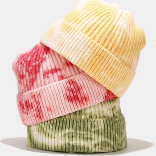 2020 Winter Unisex Beanie Men Short Hat Women Fisherman Beanies For Ladies Tie Dye Print Autumn Hip Hop Knitted Cap Skull Cap