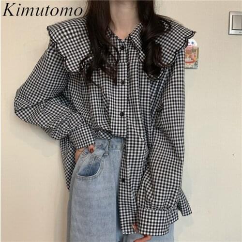 Kimutomo Casual Plaid Blouse Women Peter Pan Collar Single Breasted Long Sleeve Shirt Female Spring Autumn 2021 Korea Chic