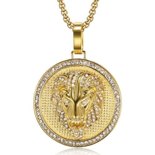 Hip Hop Iced Out Zirconia Lion Head Pendant & Chains For Men Gold Color Stainless Steel CZ Round Necklace Jewelry Dropshipping