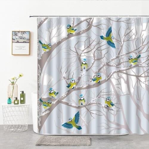 Colorful Birds Shower Curtain Bird On Branch 3D Printing Polyester Black White Background Decoration Bathroom Curtains With Hook