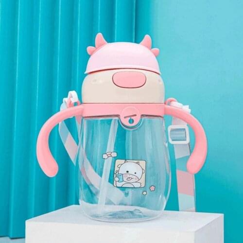 450ml Creative Children Bottle with Lanyard Double Handles 2 Colors Transparent Water Drinking Straw Bottle for Travel