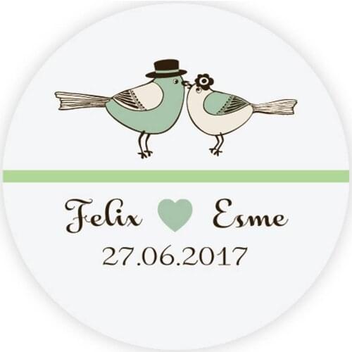 DouxArt 100pcs Personalized Wedding Stickers, 40mm Lovely Birds Marriage Wedding Favors Party Communion Handmade Labels P003