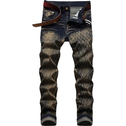Mens Jeans Personalized Creased Diamond Pattern Retro Stretch Small Straight Denim Pants Hip-Hop Rock Fashion Trousers
