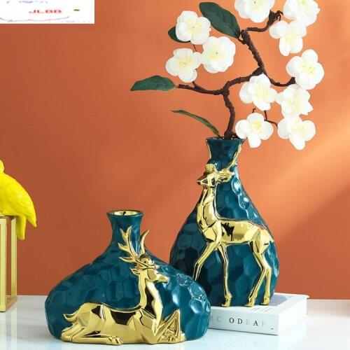 Northern Europe Ceramic Deer Vase Ornaments Decoration Desktop Hydroponic Vase with Fake Flowers Flower Arrangement 2-piece Suit