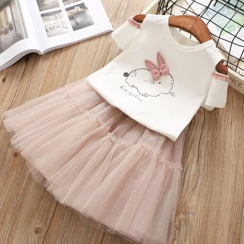 Girls suit summer 2019 new small and medium girls bunny strapless short-sleeved T-shirt + fluffy skirt two-piece