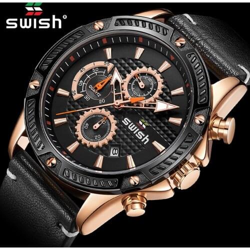 SWISH Mens Watches Top Brand Luxury Black Leather Wrist Watch for Men Chronograph Waterproof Quartz Watch Relogio Masculino 2021