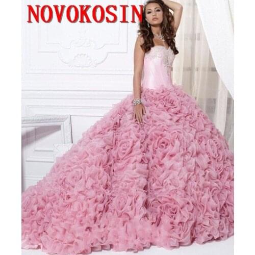 2019 New Pink Flower 16 Party Debutantes Gowns Puffy Tulle Crystals Sweetheart Neck Corset Back 2019 Plus Size Quinceanera Dress