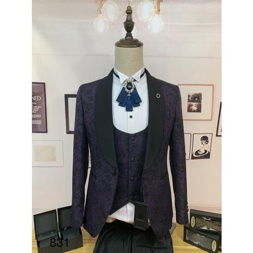 Arrival Latest Dark Purple Jacquard 2021 Slim Smoking Jacket Pants & Vest Italian Vest Tuxedo Dress One Button Men Wedding Suits