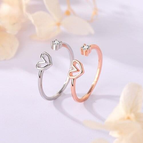 New Hollow Love Heart Opening Ring Korean Fresh Lovely Girl CZ White Crystal Ring Fashion Charm Lady Wedding Anniversary Jewelry