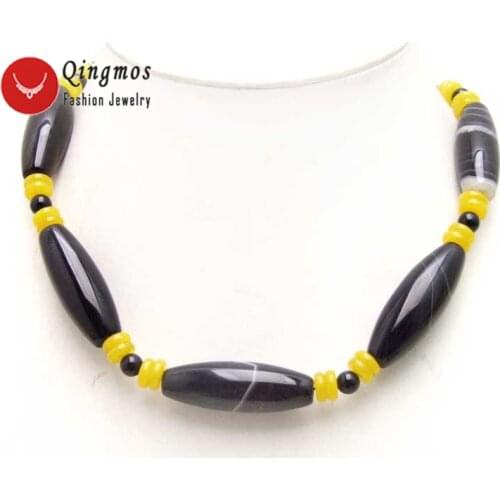 Qingmos Trendy Black 17'' Agates Chokers Necklace For Women & 10*42mm Olive Shaped Black Agates & Yellow Jades Beads-5978