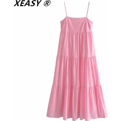 XEASY Za Dresses Woman Summer 2021 Solid Color Slip Long Dress Women Backless Ruched Beach Midi Dress Ruffle Casual Dresses