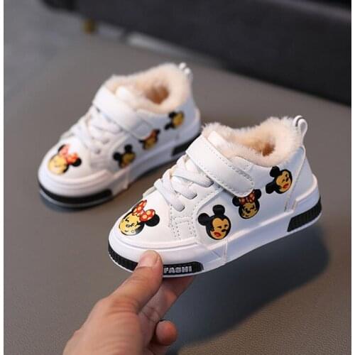Girls Boys Mickey Sport Shoes Childrens Snow Boots winter Kids soft non-slip cotton-padded shoes kids warm fur sneakers